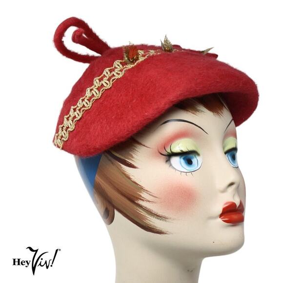 Vintage Hat Red Cascasine Fur Metallic Trim Big Bow Gage Brothers Tag - Hey Viv - Picture 2 of 9